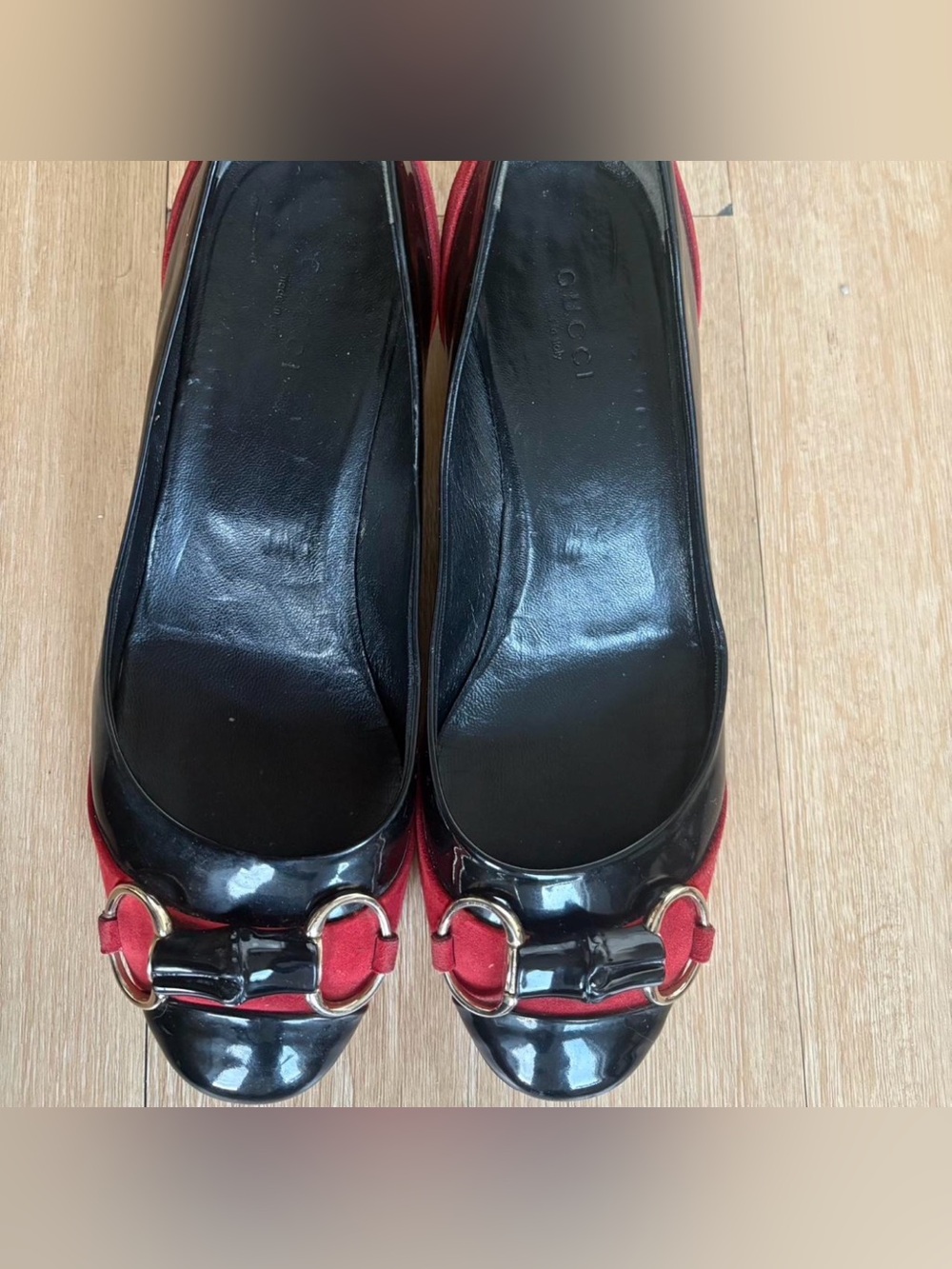 Gucci Red and Black Horsebit Peep-Toe Flats